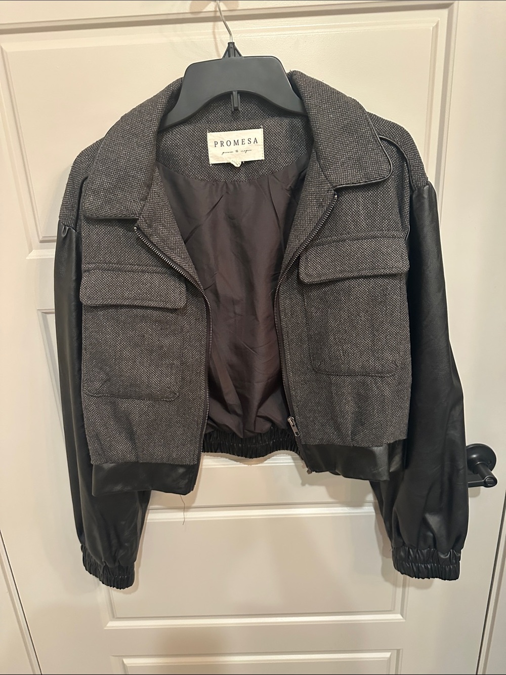PROMESA Gray Bomber Jacket with Black Faux Leather Sleeves